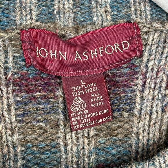 Vtg John Ashford Shetland Wool Sweater Mens Large Rib Knit Grandpa Cosby Biggie - Picture 6 of 9